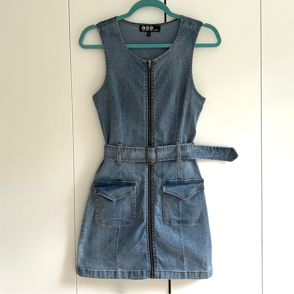 Rewash Zipper Belted Sleeveless Denim Mini Dress Size XS